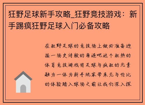 狂野足球新手攻略_狂野竞技游戏：新手踢疯狂野足球入门必备攻略